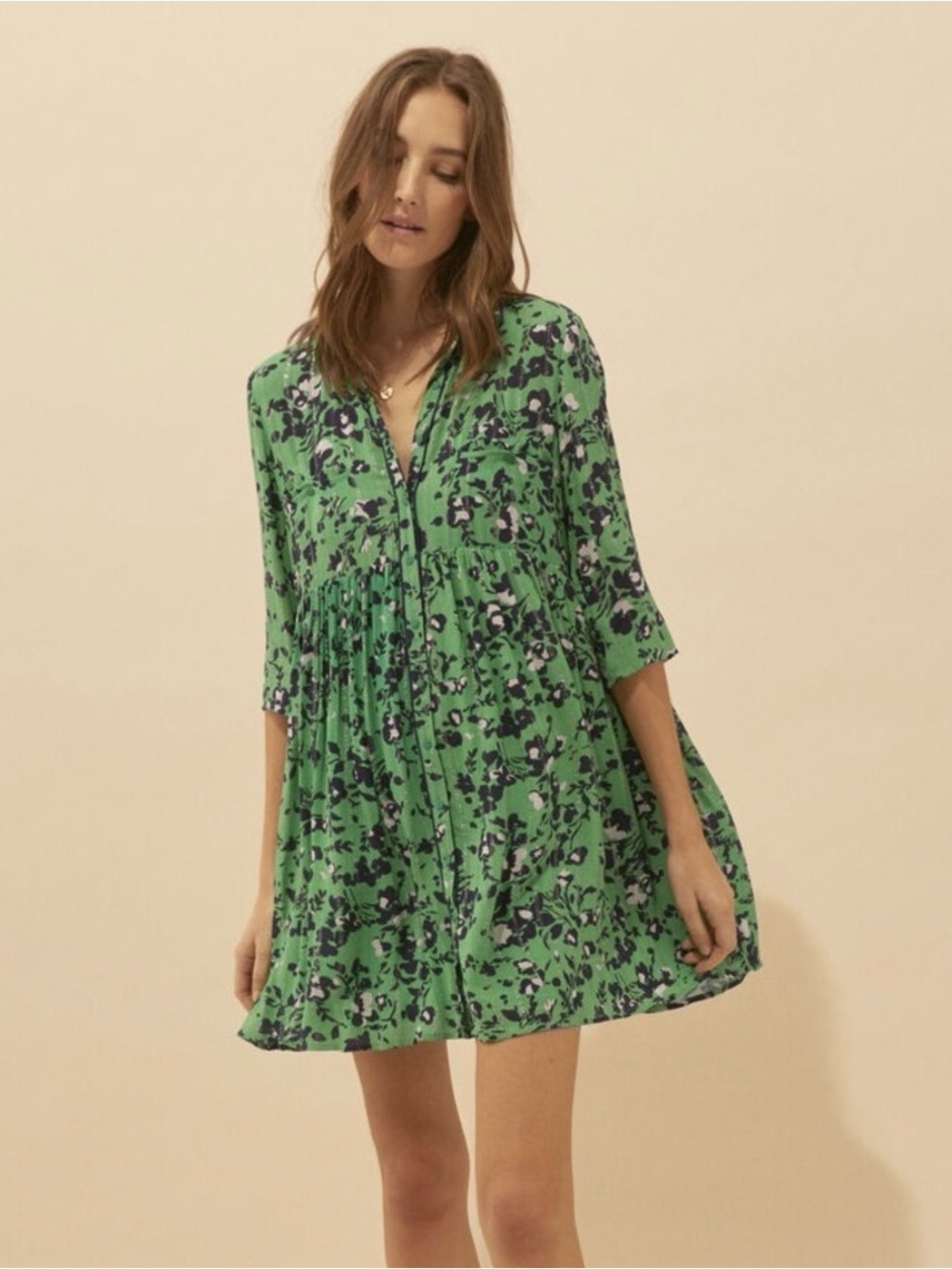 Ba&Sh Green Floral Buttoned Mini Dress